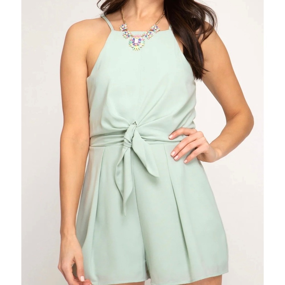She + Sky Romper Womens‎ Medium Sage Green Tie Front Preppy Romantic Boho Shorts